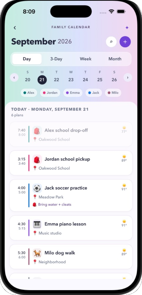 Calendar day view with Day, 3-Day, Week and Month tabs, a week strip, member filter chips and six plan rows